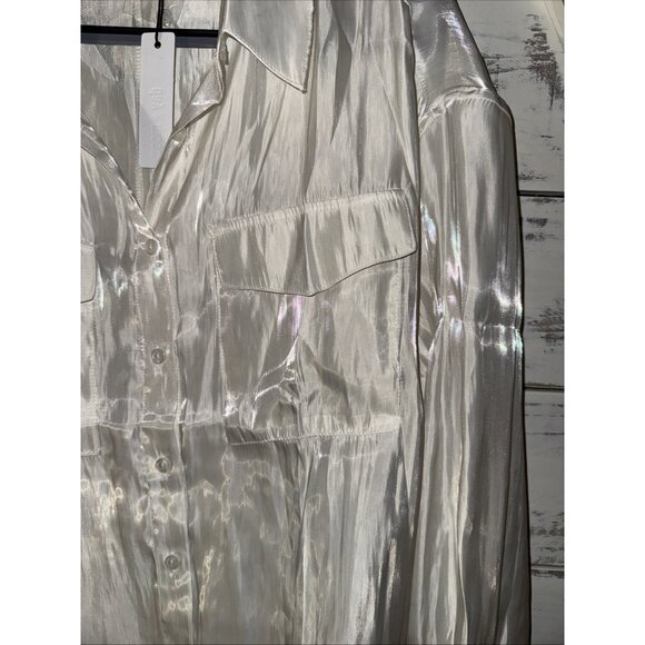 Day + Moon Women's Cream White Satin Shine Pocket Oversize Shirt Size Large - Picture 3 of 8
